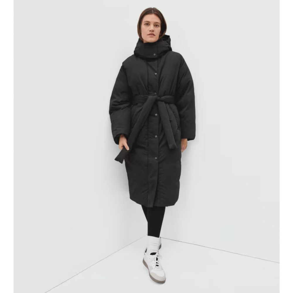 Everlane Womens The Duvet Puffer Coat Medium Black Down Long Belted NWT